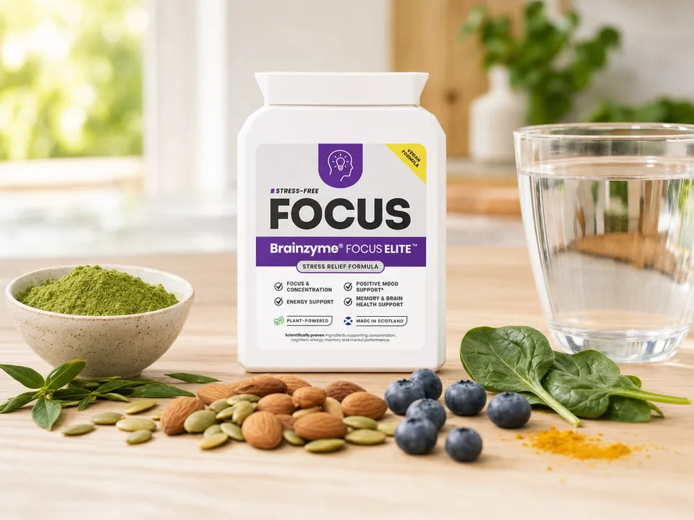 FOCUS ELITE mit beruhigenden Lebensmitteln — Matcha, Grüntee, Nüsse und Blättgrün