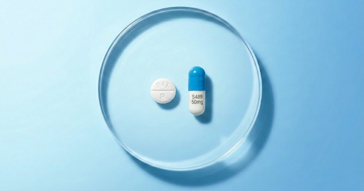 Tablette und Kapsel auf blauem Hintergrund als Symbolbild für den Vergleich von Ritalin und Elvanse bei Lern- und Konzentrationsmedikamenten.