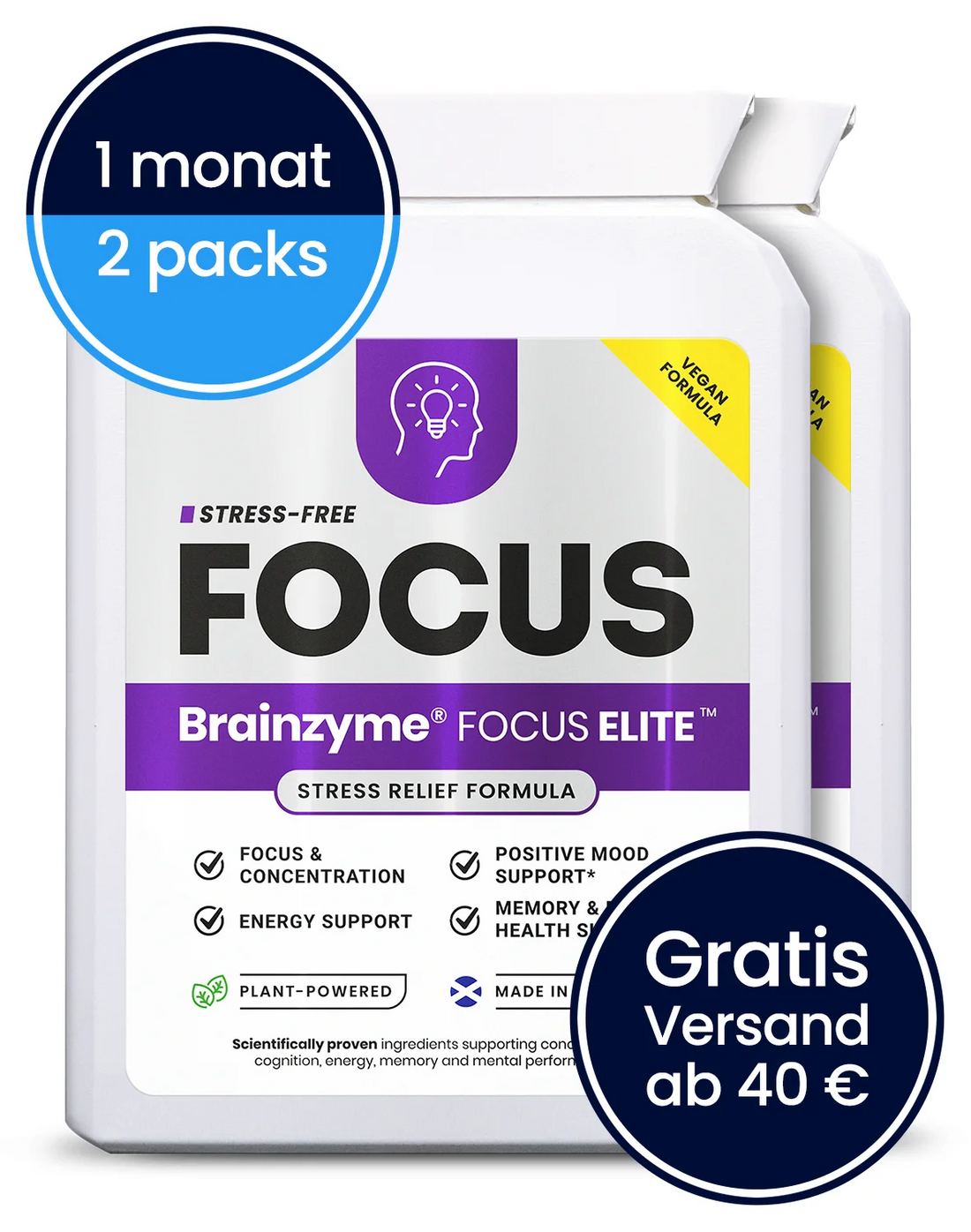 Brainzyme® FOCUS ELITE™ Nahrungsergänzung für stressfreien Fokus — 2er-Pack, Vorderseite