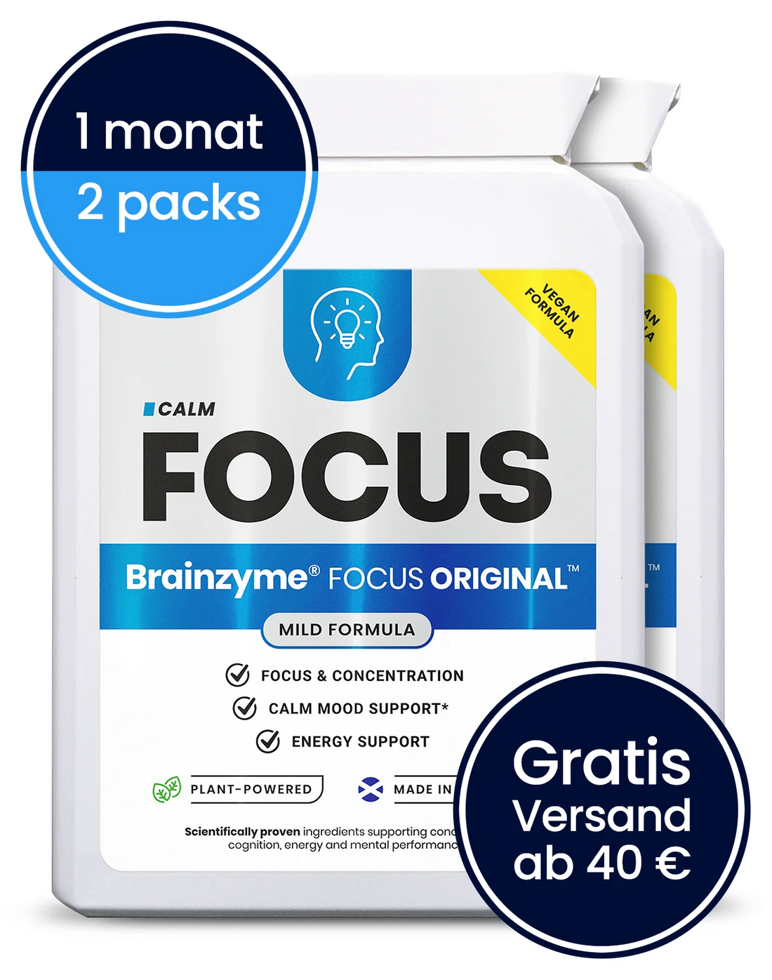 Brainzyme® FOCUS ORIGINAL™ Nahrungsergänzung für milden Alltagsfokus — 2er-Pack, Vorderseite