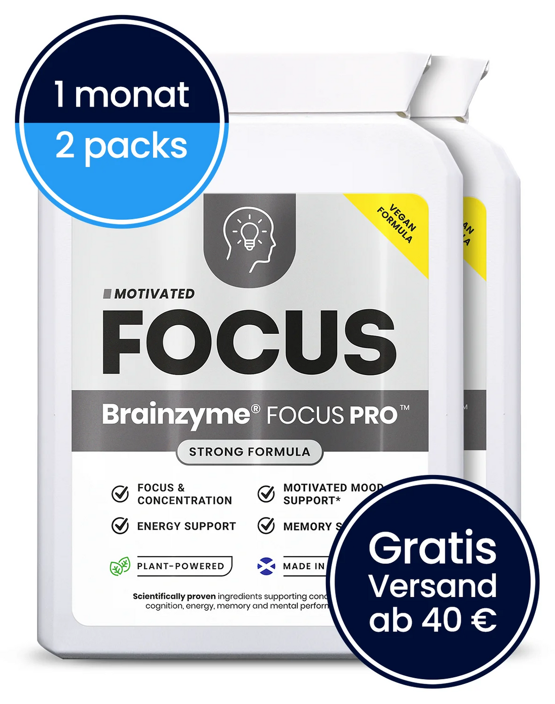 Brainzyme® FOCUS PRO™ Nahrungsergänzung für starken Fokus — 2er-Pack, Vorderseite