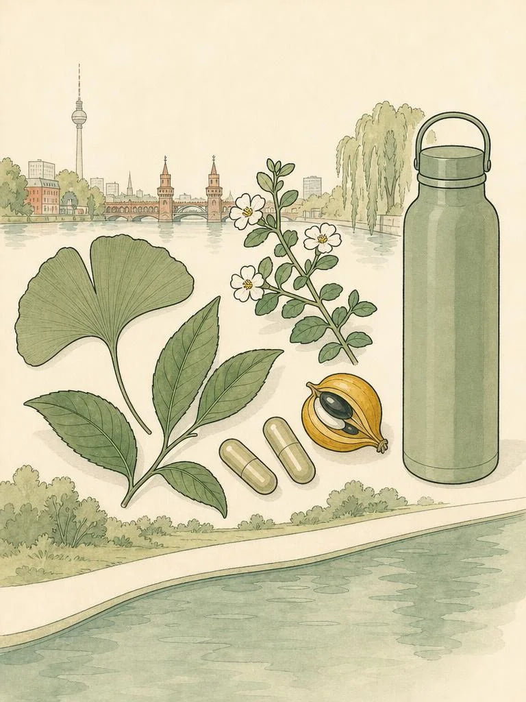 Brainzyme Fokus-Kapseln auf einem Schreibtisch am Fenster w&auml;hrend der Klausurenphase in Berlin