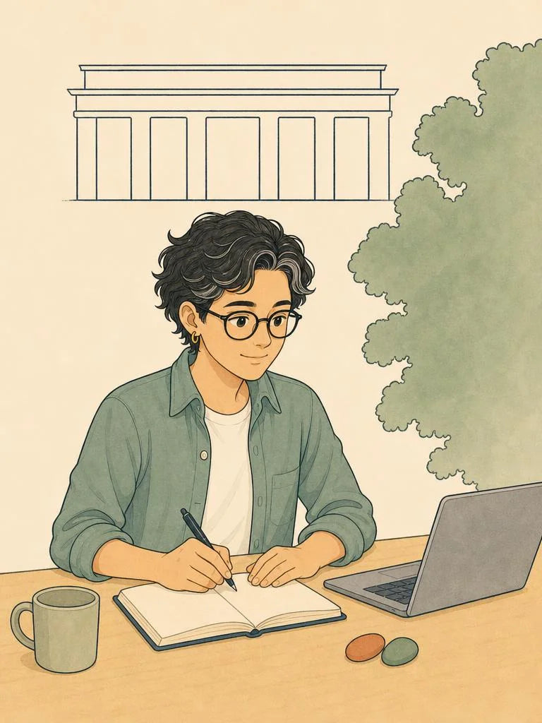 Ligne-claire-Illustration eines Studentenschreibtischs w&auml;hrend der Klausurenphase in Berlin