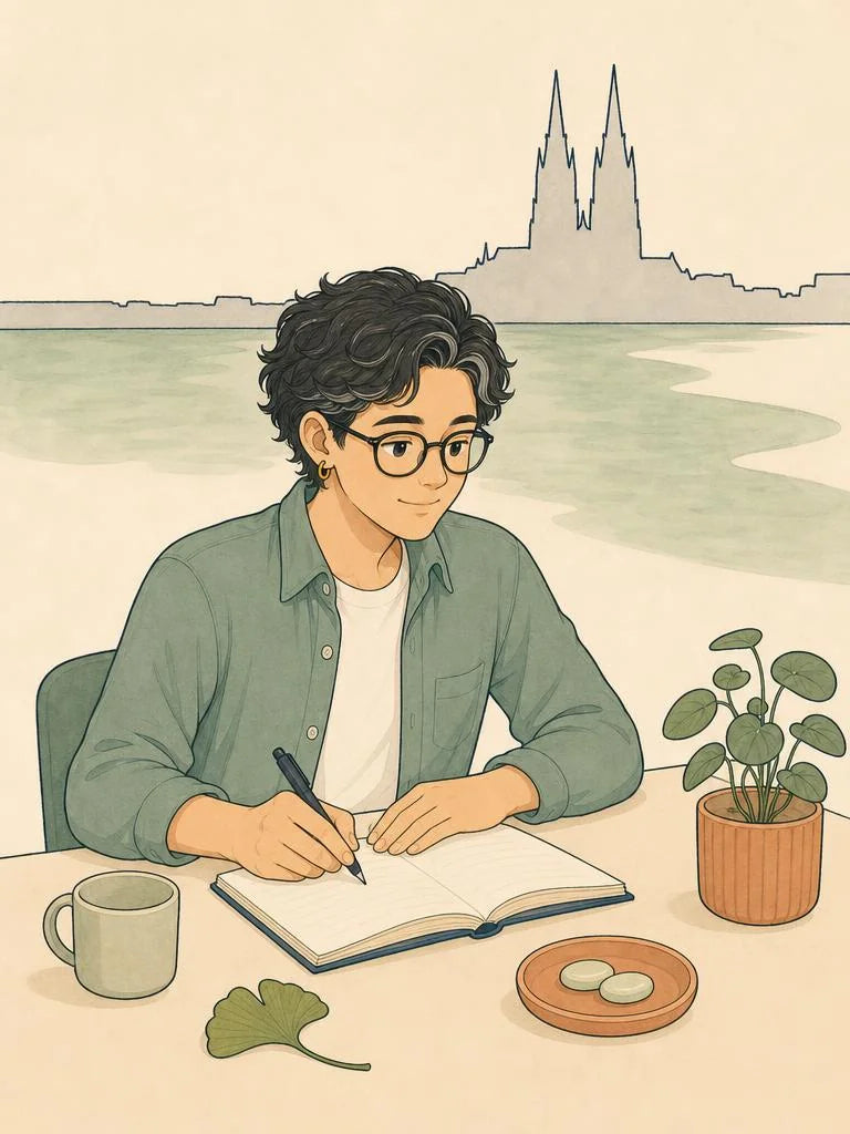 Ligne-claire-Illustration eines Studentenschreibtischs w&auml;hrend der Klausurenphase in K&ouml;ln