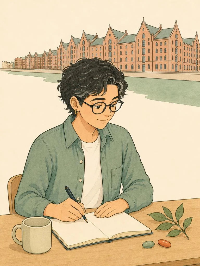 Ligne-claire-Illustration eines Studentenschreibtischs w&auml;hrend der Klausurenphase in Hamburg